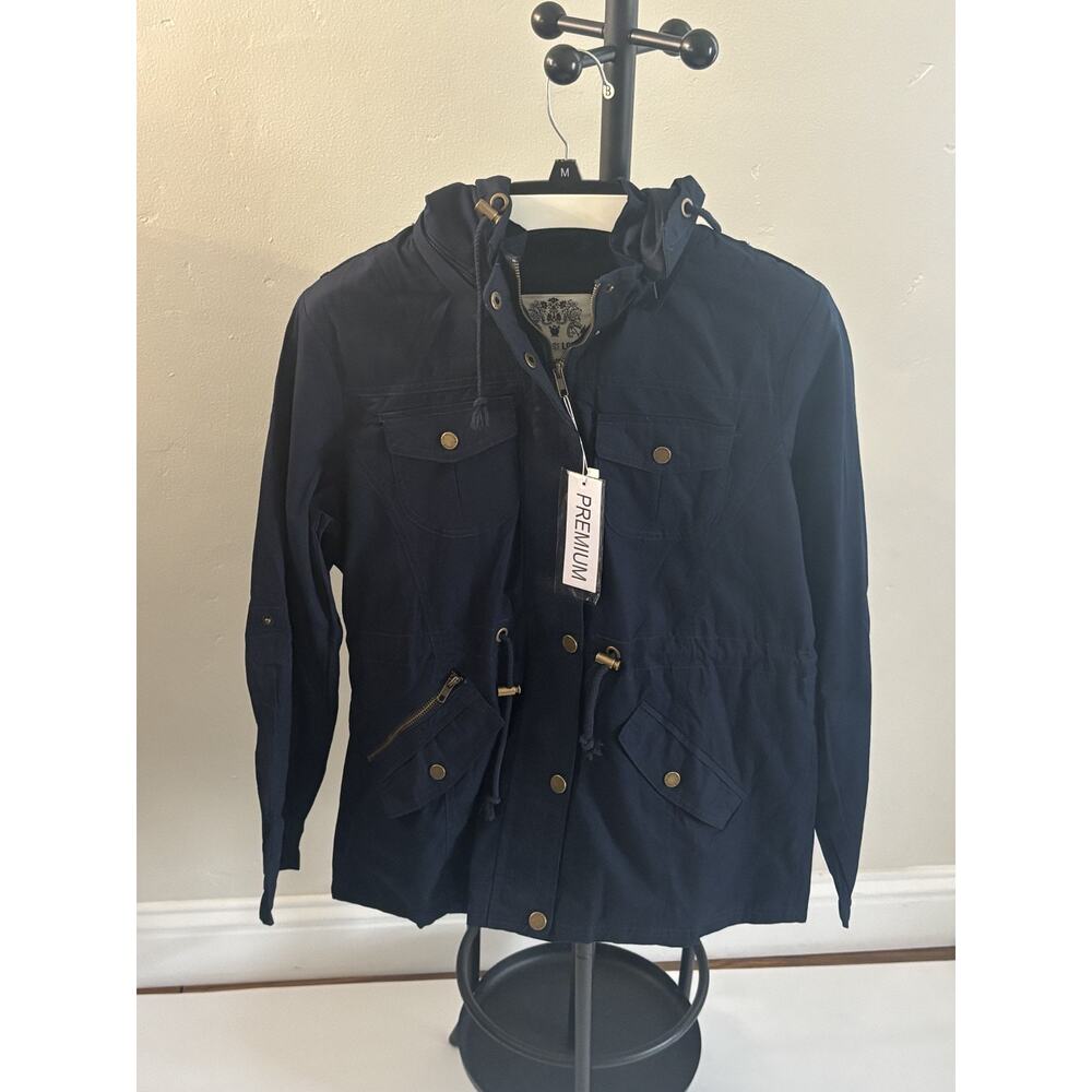 Lock and Love Casual Anorak Detachable Hood Sz L Army Jacket, Navy Blue NWT